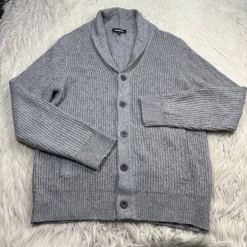 Express Men's M Gray Shawl Collar Button Cardigan Preppy Heritage Old Money